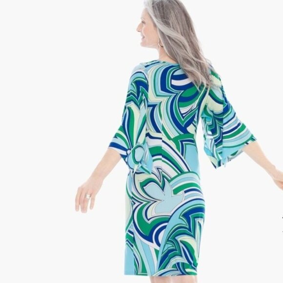 Chicos Dress Womens Large Blue Green Geometric Floral Stretch Mod Hippie Boho - Picture 4 of 13
